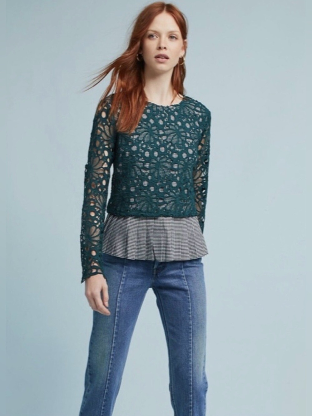 Anthropologie Maeve size M Gabriella Black White Gingham & Green Lace Top Peplum